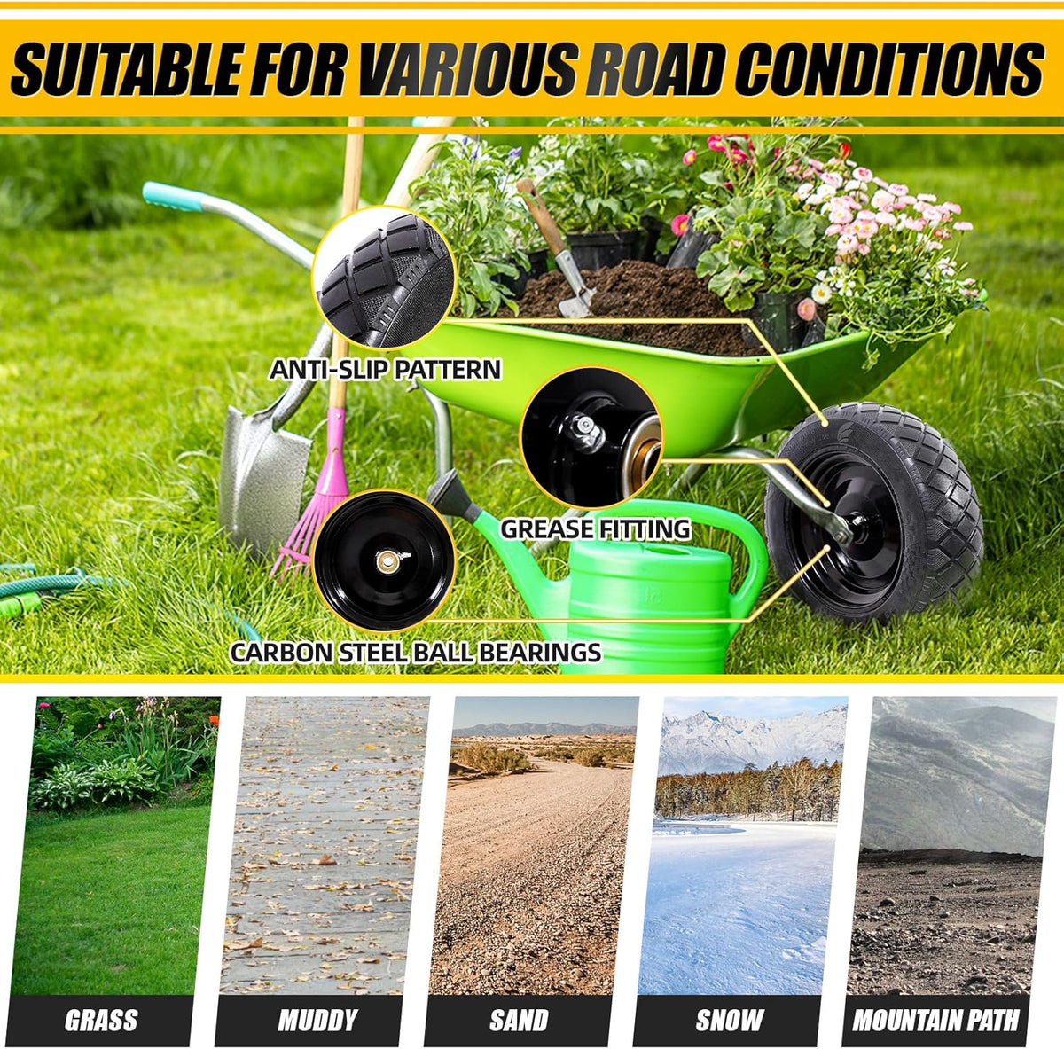 MZREXN 4.80/4.00-8" Flat Free Tire and Wheel, 15" Solid Wheelbarrow Tires, 3.00-4.00/4.80-8" with