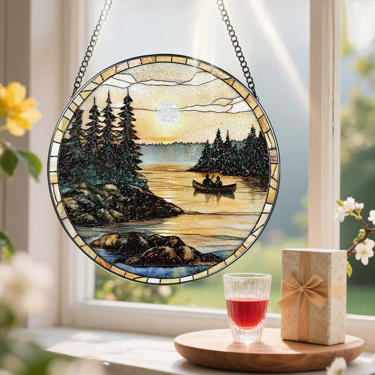 8-Inch Stained Glass Ornament, Stained Glass Window Hanging, Window Hanging Decor Suncatcher, Canoe