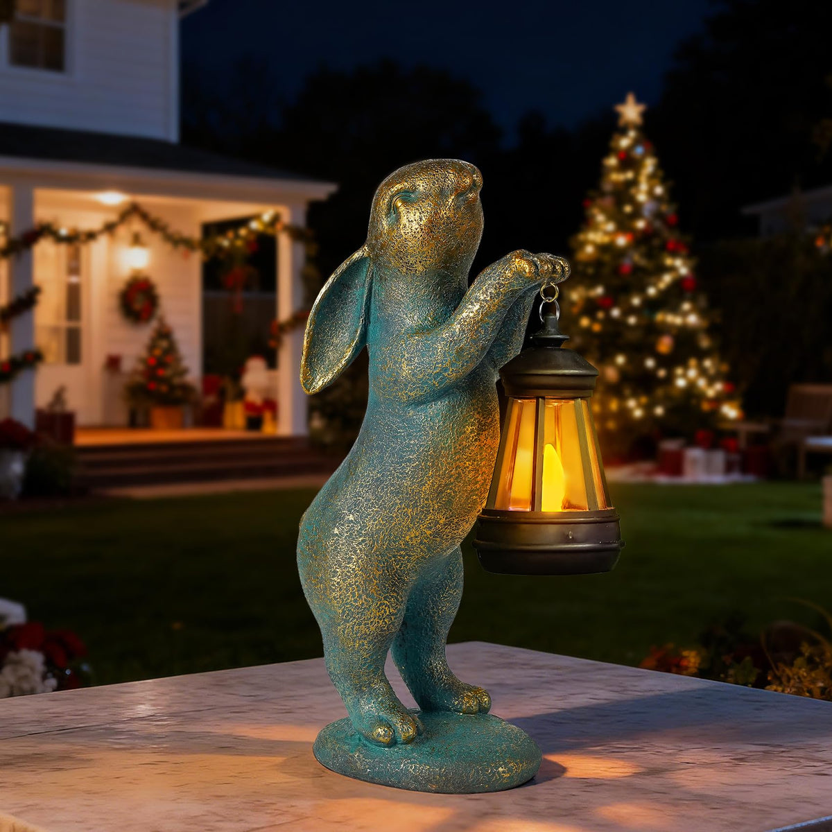MININOVA Garden Statues Rabbit with Solar Lantern Resin Outdoor Bunny Figurines Decorations for