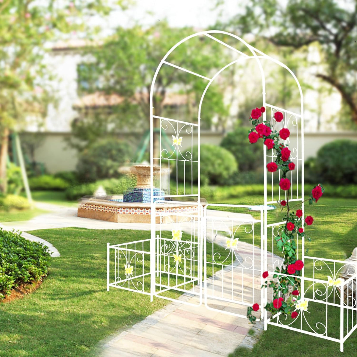 Metal Garden Arbor Arch with Gate and Plant Box, 86.6" H Heavy Duty Garden Trellis with Butterfly