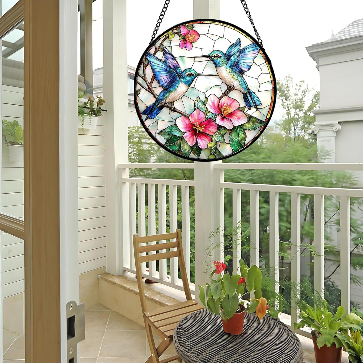 Stained Glass Window Hanging - Blue White Hummingbirds Pink Flowers Suncatcher for Door Terrace