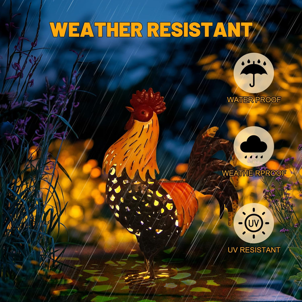 LIFFY Metal Chicken Yard Decor, 20" Rooster Outdoor Garden Solar Lights,Rooster Decorative Statues
