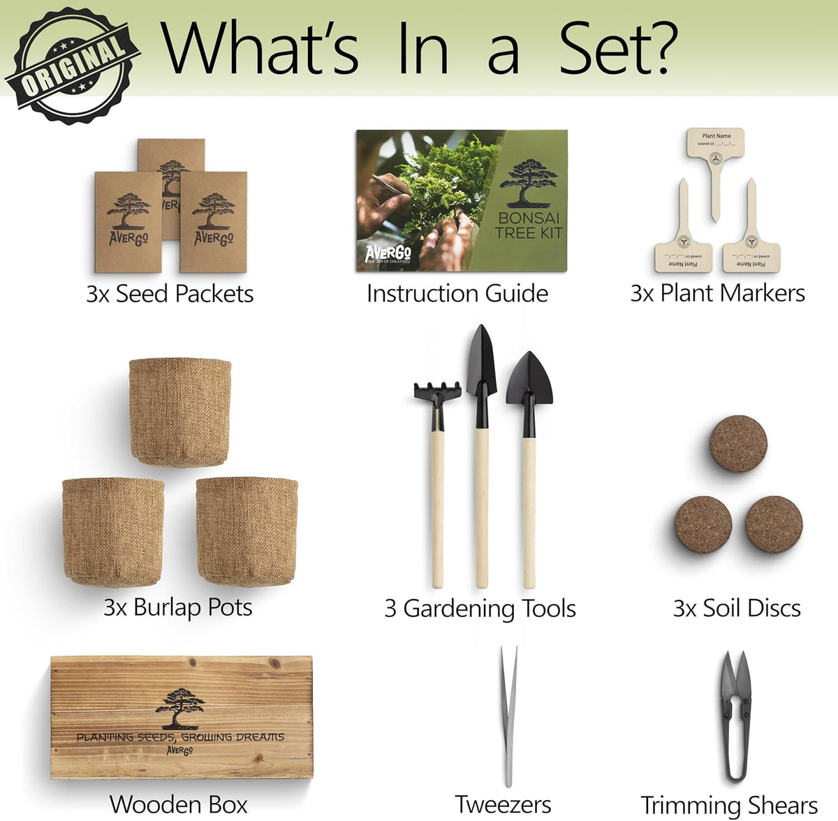 Avergo Bonsai Tree Kit – 3X Unique Japanese Bonzai Trees | Complete Indoor Starter Kit for Growing
