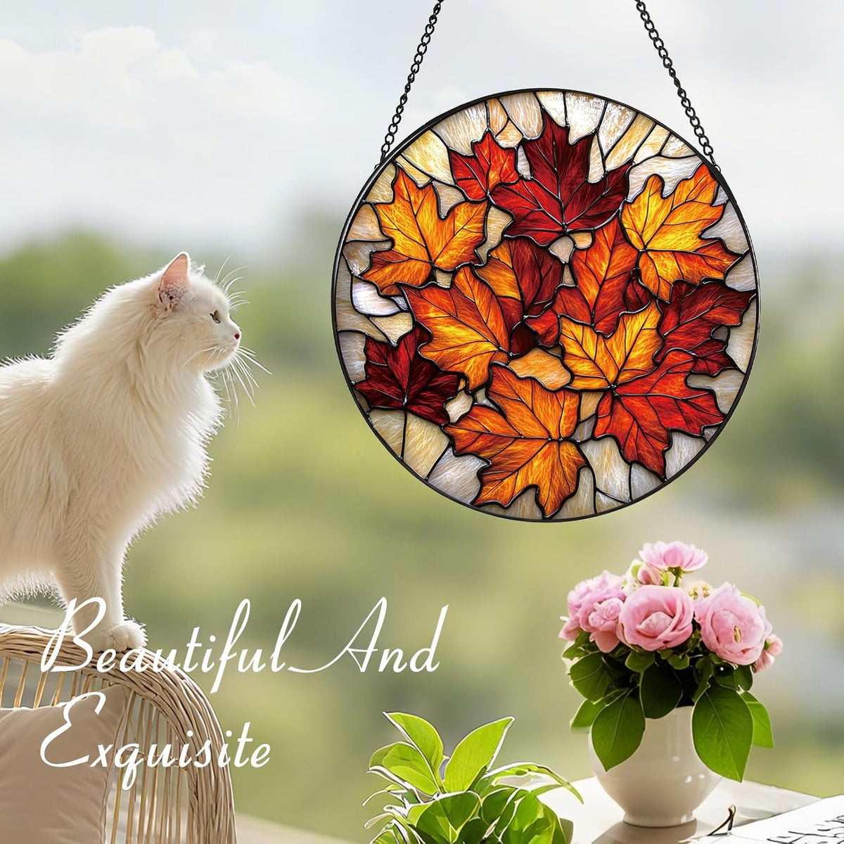 Rustic Autumn Maple Leaves Suncatcher -7.9 in Stained Glass Window Hanging Sun Catcher Garden Decor