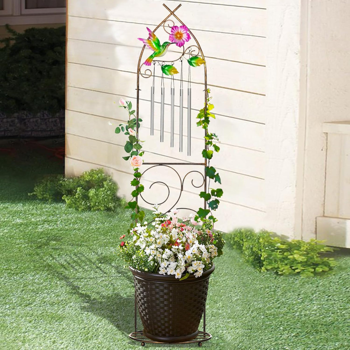 Plant Stands with Garden Trellis, 48” Metal Standing Wind Chimes Plant Pot Trellis with Hummingbird