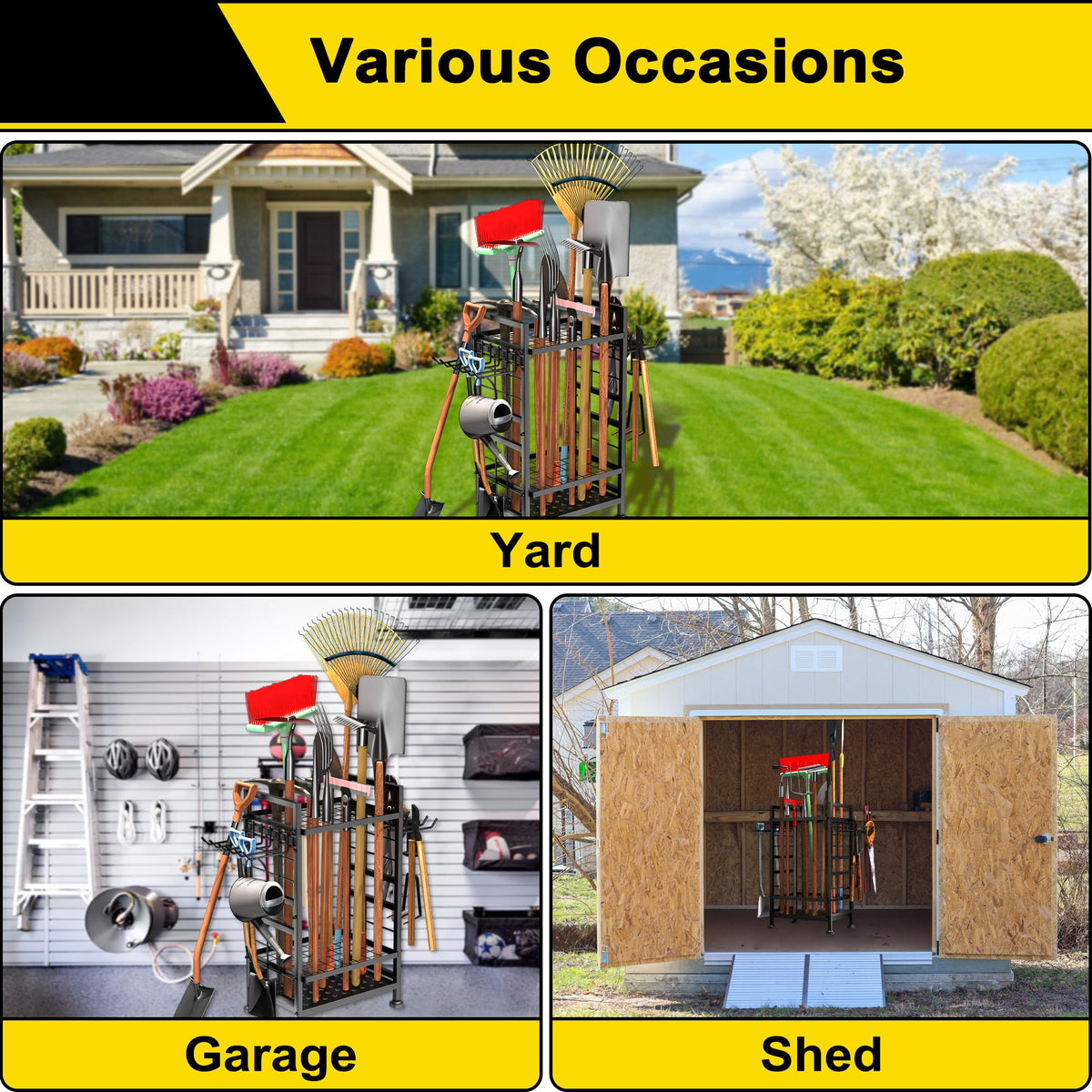 3 Tier Garden Tool Organizer, Garage Storage and Organization, Metal Yard Tools Storage up to 78