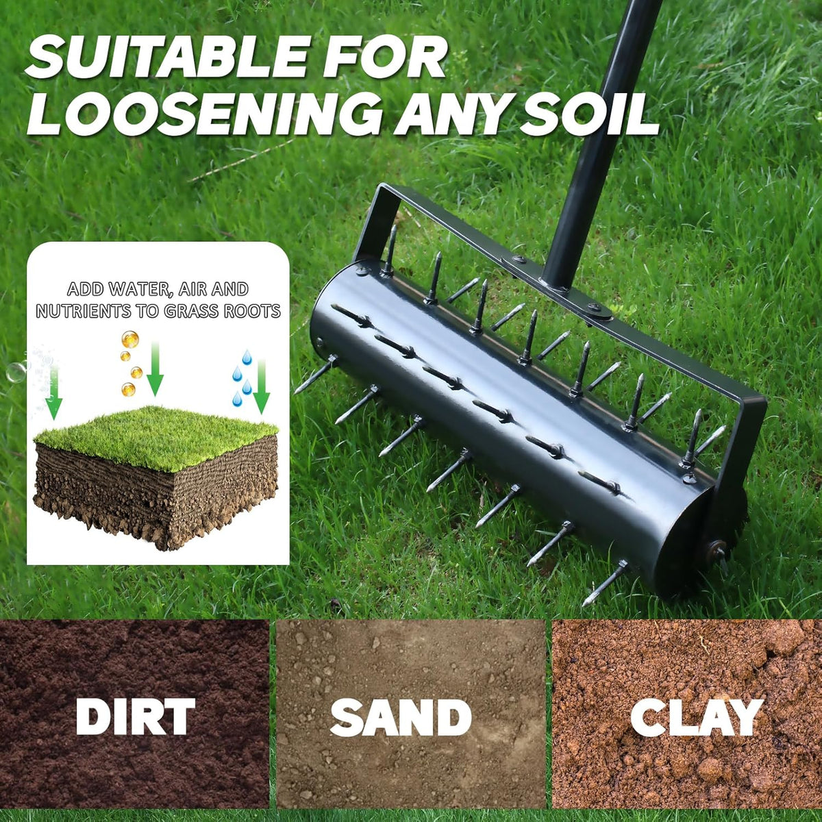 Rolling Lawn Aerator, 42 Spikes Pre-Assembled, Heavy Duty Grass Aerator Tool with Adjustable