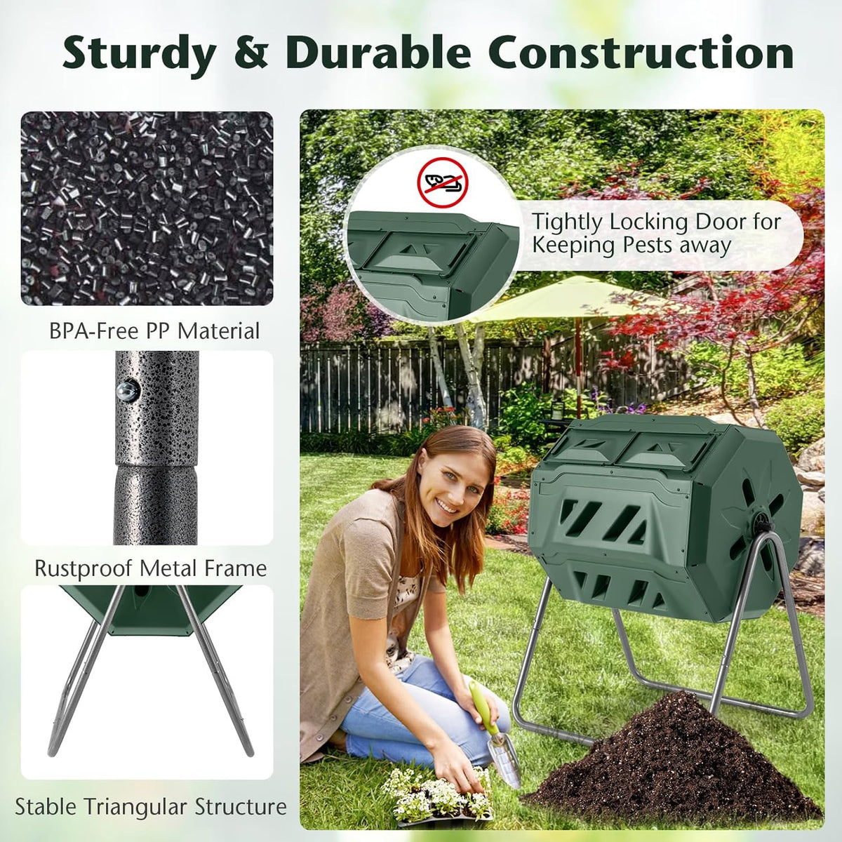 Goplus Compost Bin, Outdoor 42-Gal Dual Chamber Composting Tumbler w/2 Sliding Doors, Heavy-Duty