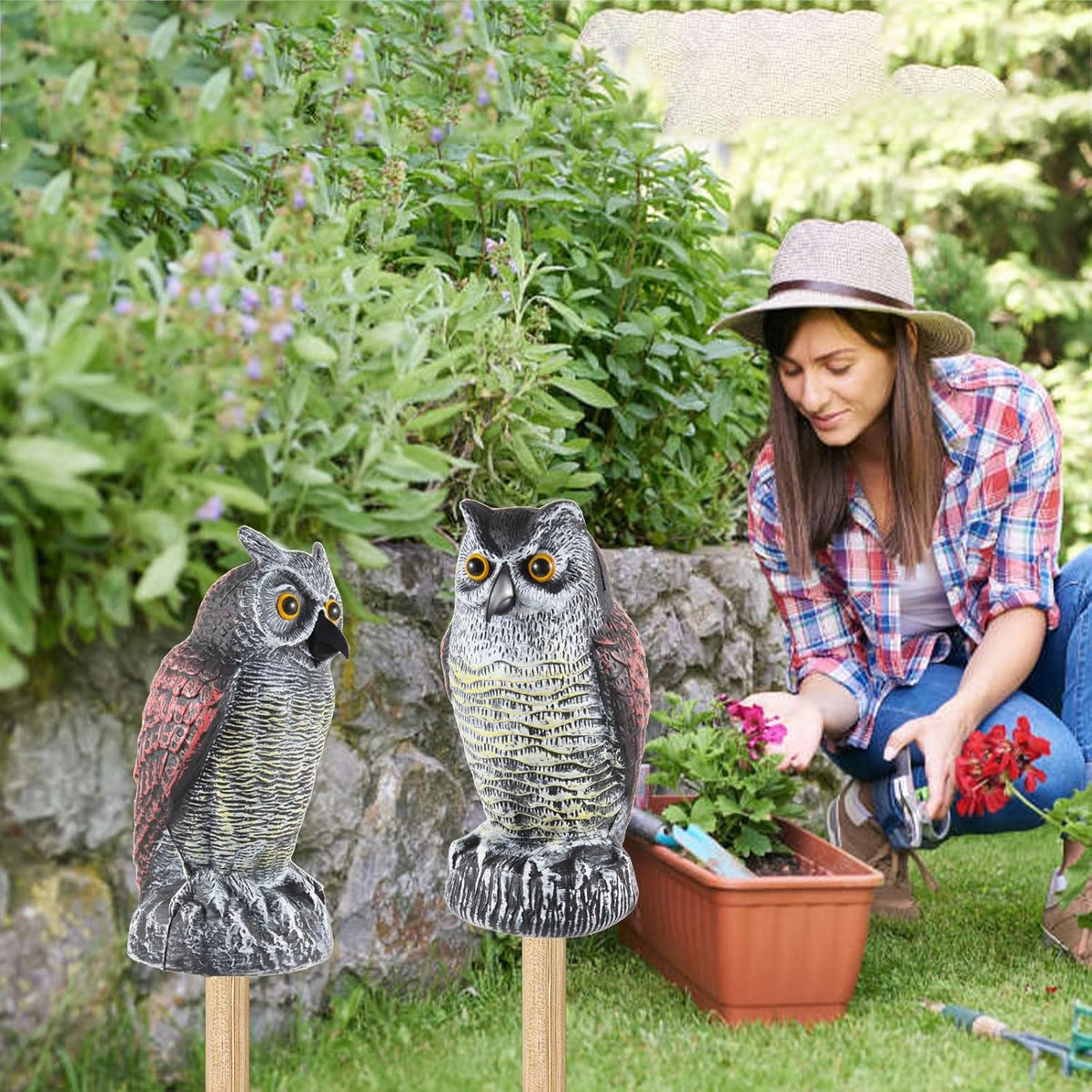 Hedoc 2 Pack Fake Owl Decoys to Scare Birds Away, Great Horned Owl Bird Deterrents, Nature
