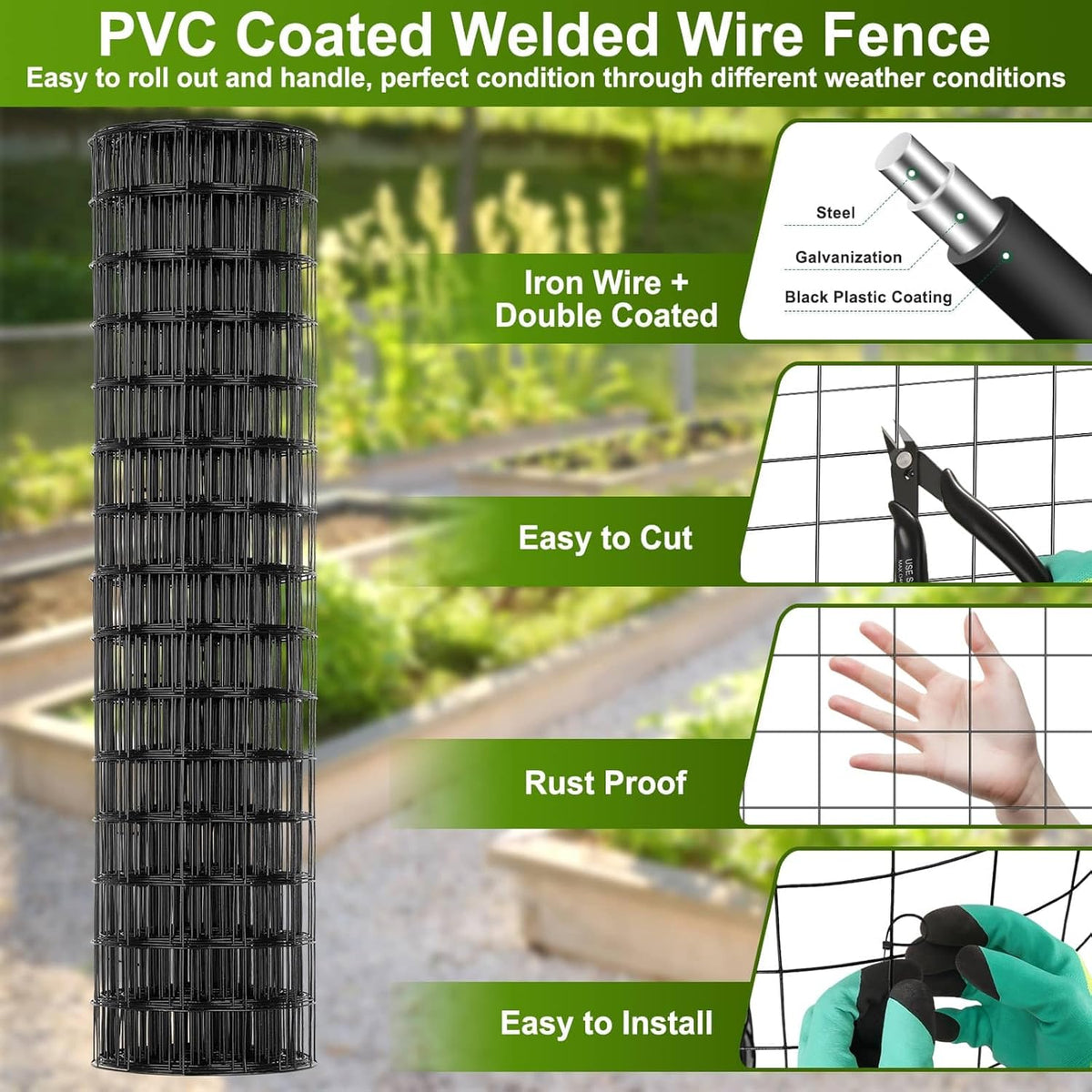 Black Welded Wire Fence 36 Inch x 59 Foot, 2.4" x 2.4" 14GA PVC Coated Wire Fencing for Garden Bed
