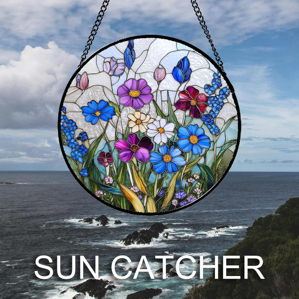 Stained Glass Window Hanging Blue Purple Wildflowers 9.8" - Suncatcher Door Garden Sunroom Sun