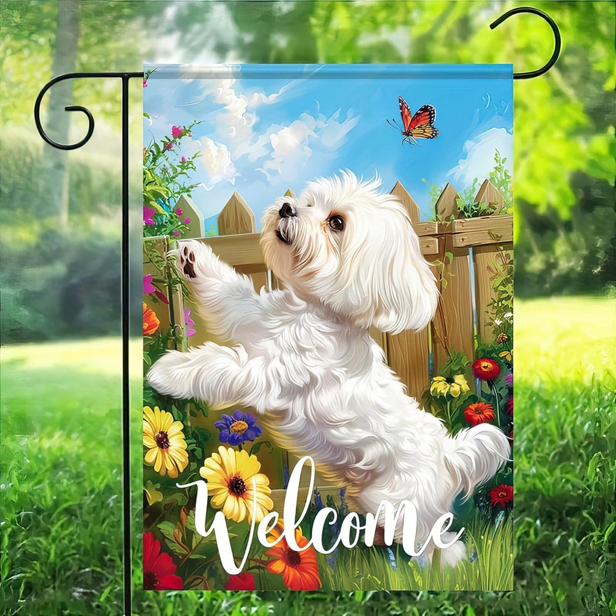 BlissYard Welcome Spring Summer Flowers Maltese Dog Garden Flag Lovely Floral Seasonal Home Decor