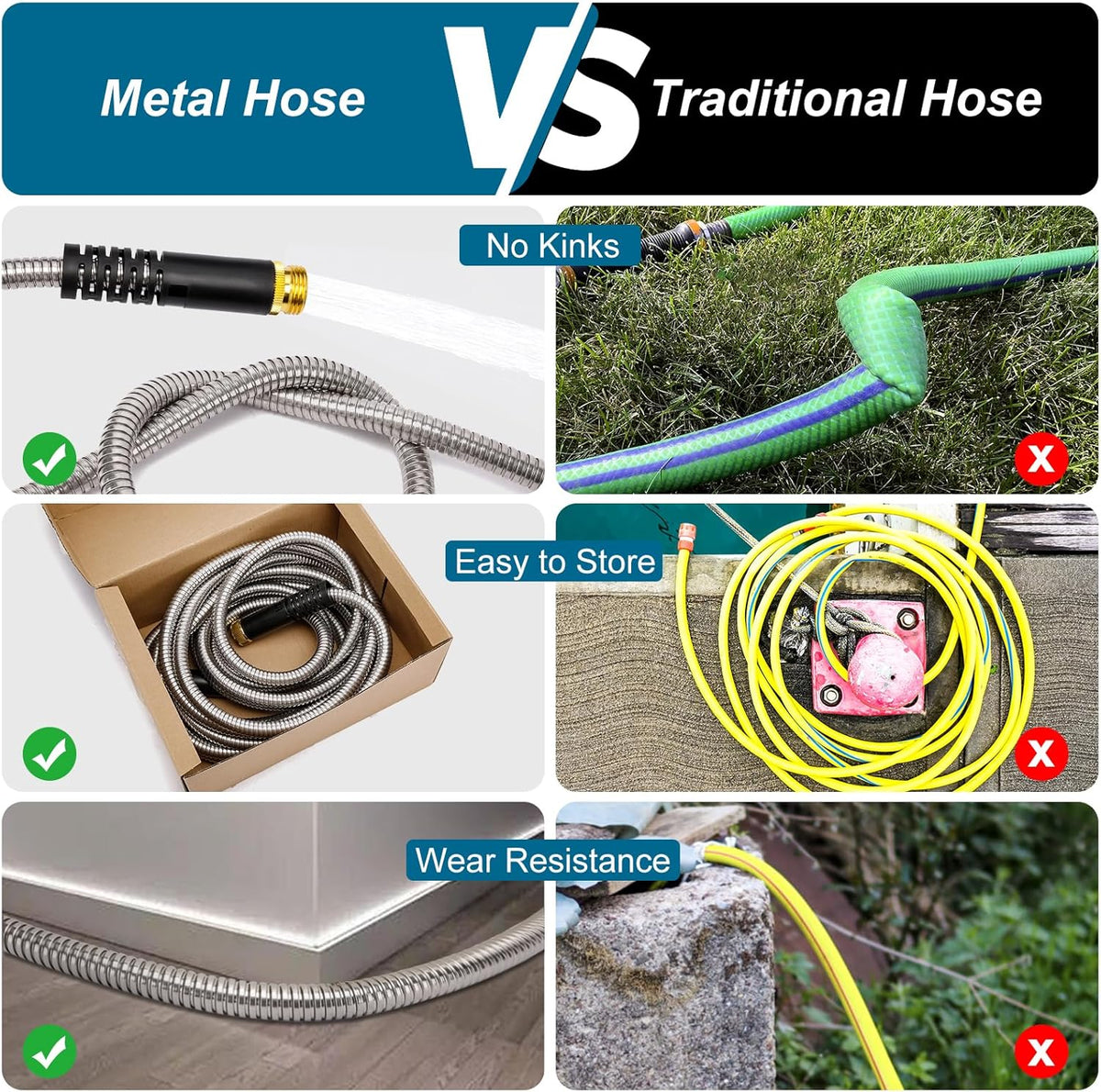 Metal Garden Hose 50 FT, Stainless Steel Hose, Water Hose with 10 Function Nozzle, No Kink &
