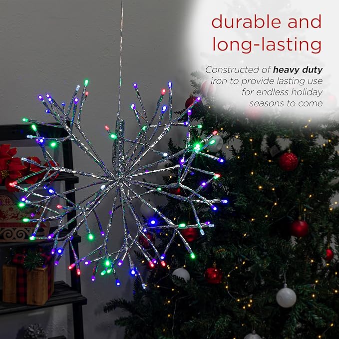 Alpine Corporation 16"H Indoor Holiday 3D Snowflake Hanging Ornament with LED Lights, Silver , Christmas Decoration