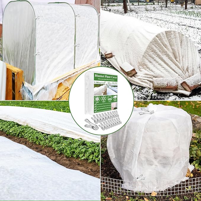 Plant Covers Freeze Protection 10 x 33Ft with 20 Stainless Steel Clips- Frost Cloths Plant Blankets