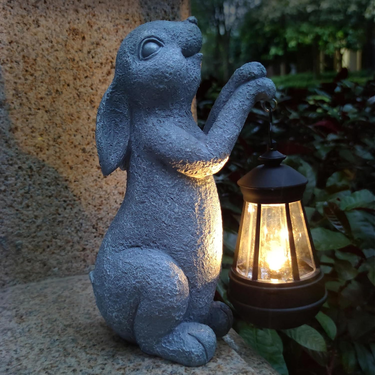 Rabbit Solar Garden Statues,Resin Rabbit Figurine Decorations with Solar Lights Lantern, Outdoor