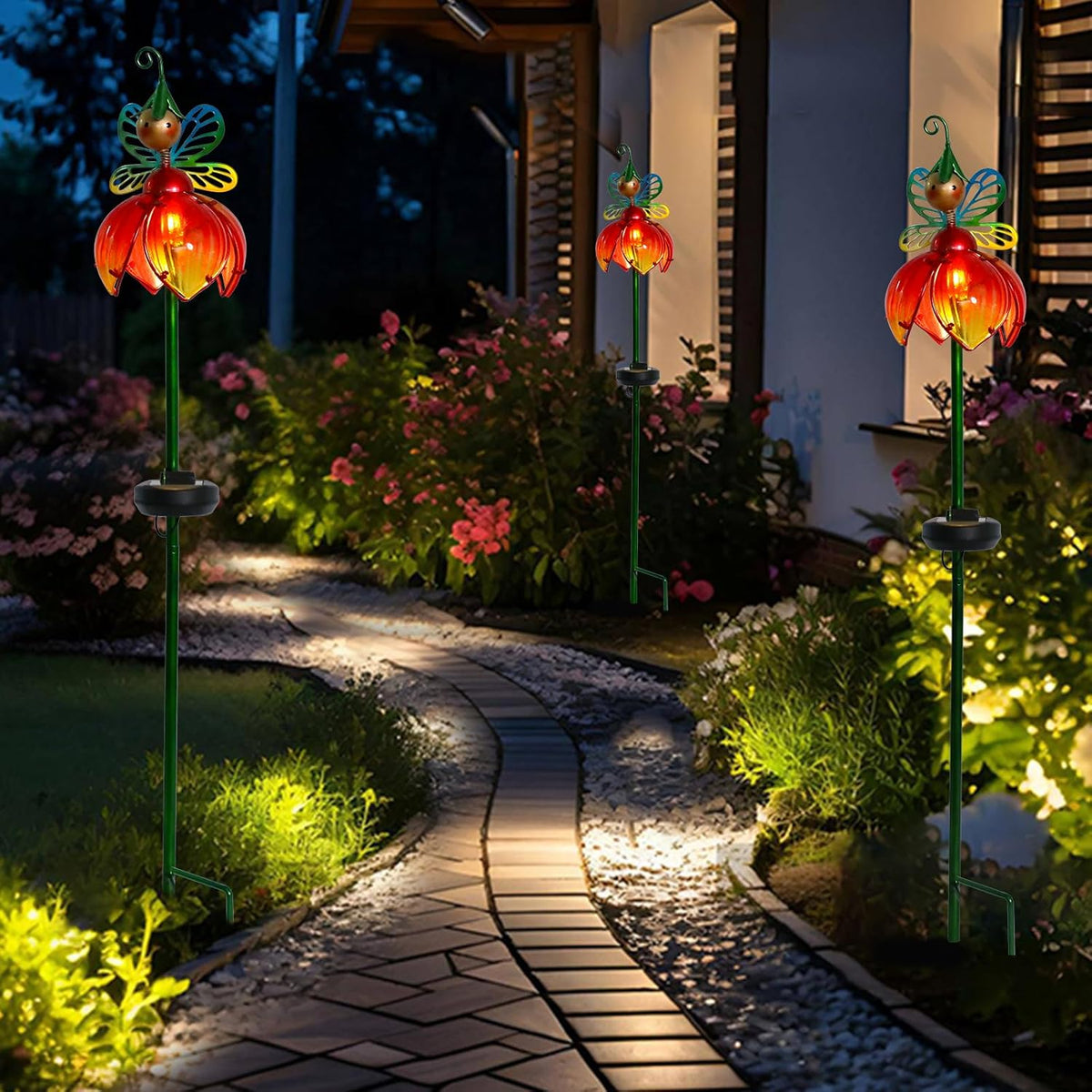 VCUTEKA Solar Garden Lights Metal Flower Decor Colorful Fairy Flowers Solar Pathway Light with LED