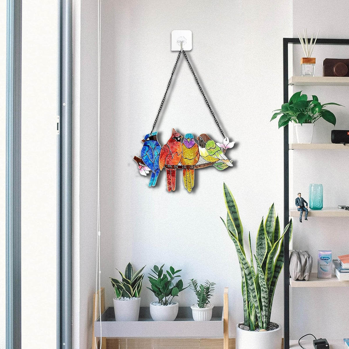 Stained Glass Window Hanging - Birds on A Branch Suncatcher for Window Doors Home Decoration