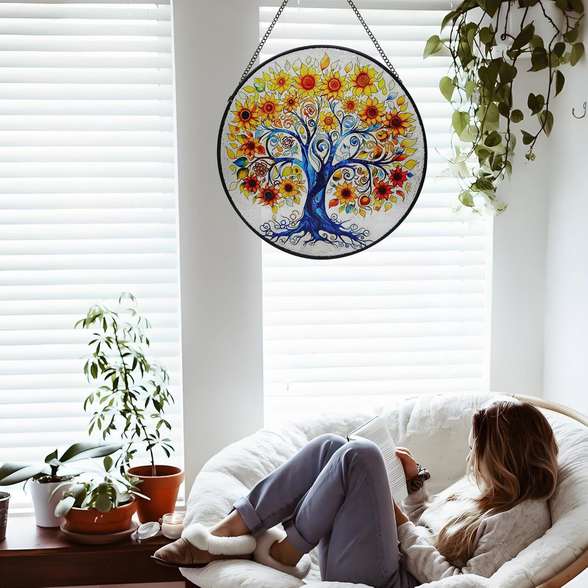 Tree of Life Stained Glass Window Hanging, Sunflower Tree Sun Catchers Indoor Window, 9.8''