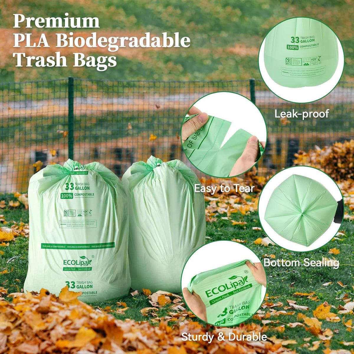 ECOLipak 33 Gallon Compostable Trash Garbage Bags, 25 Count (1 Roll) Biodegradable Heavy Duty Large