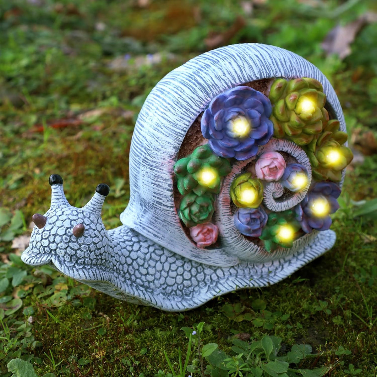 FORUP Snail Garden Statue, Resin Snail Figurine Garden Lawn Ornaments with Solar LED Lights for