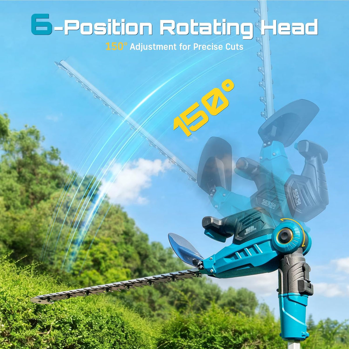 SEESII Pole & Cordless Hedge Trimmer 2-in-1: Electric Bush Trimmer with 20" Dual-Action Blade - 2