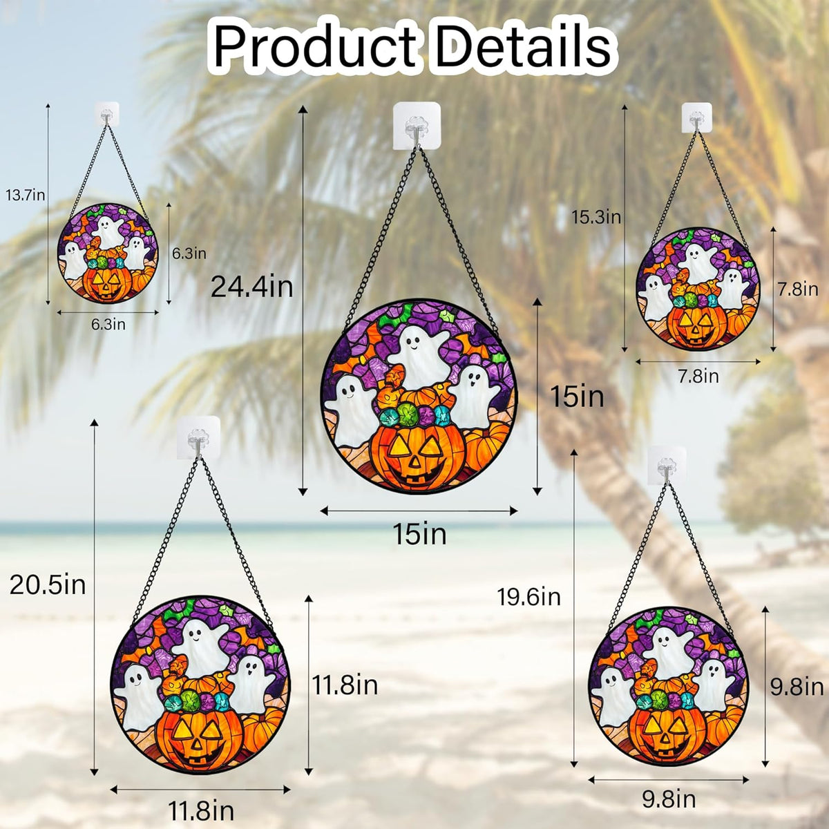 Stained Glass Window Hanging Halloween Horror Pumpkin White Ghost 7.8" - Suncatcher Door Garden