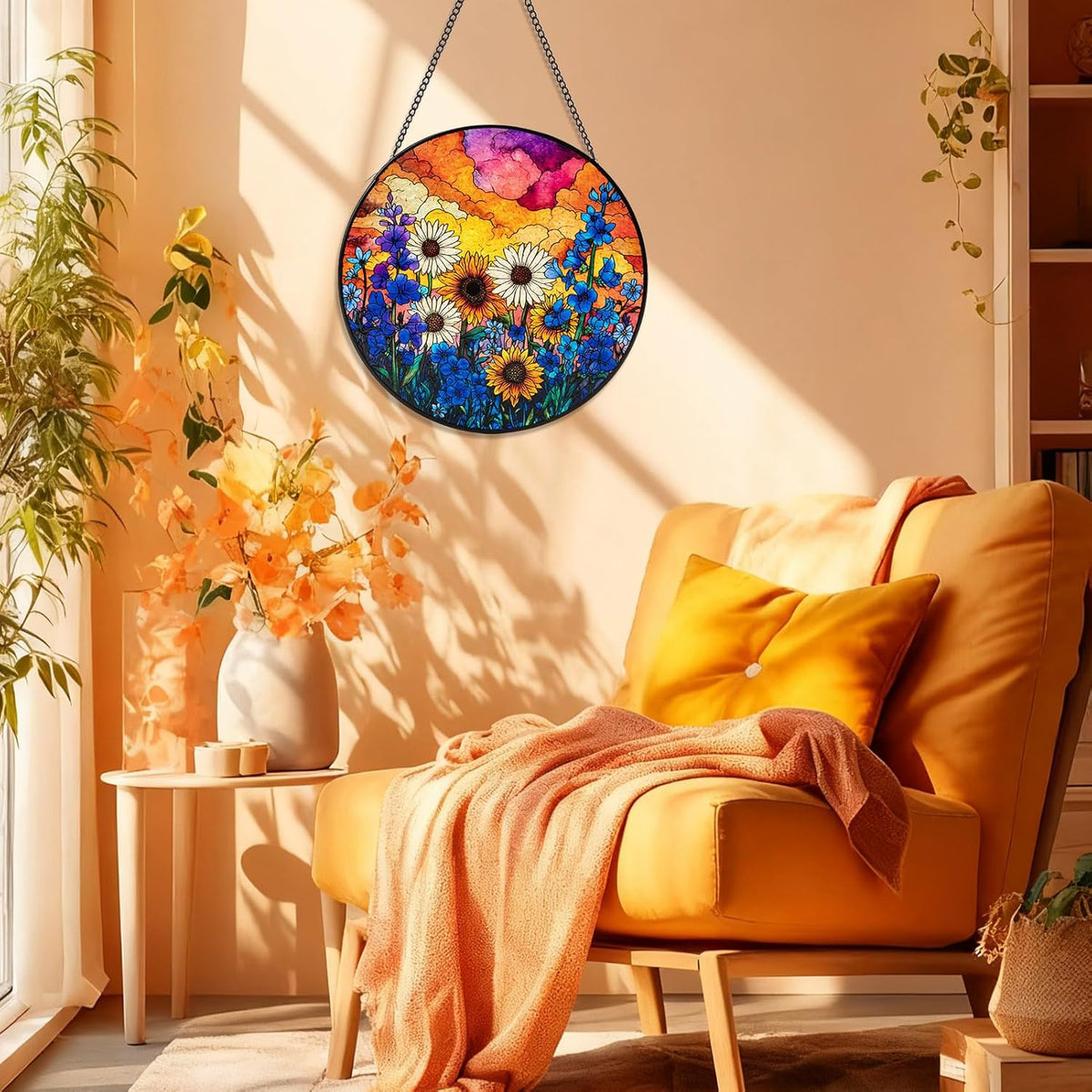 Stained Glass Window Hanging, Daisy Suncatcher for Doors Home Sun Catchers Decoration, Mother's Day