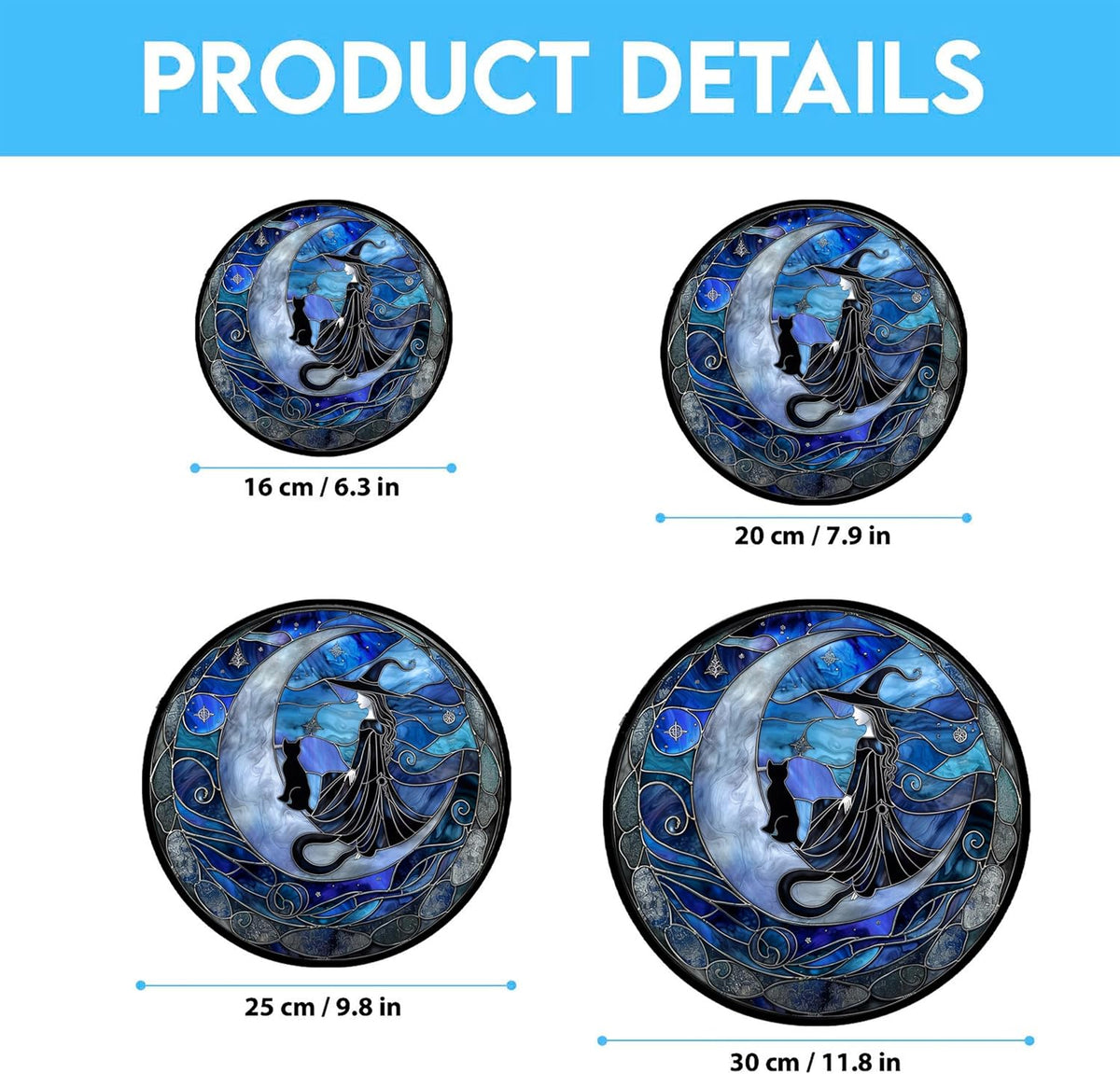 Spooky Witch Stained Glass Window Hanging Window Suncatcher 12" Glass Panel with Metal Chain and