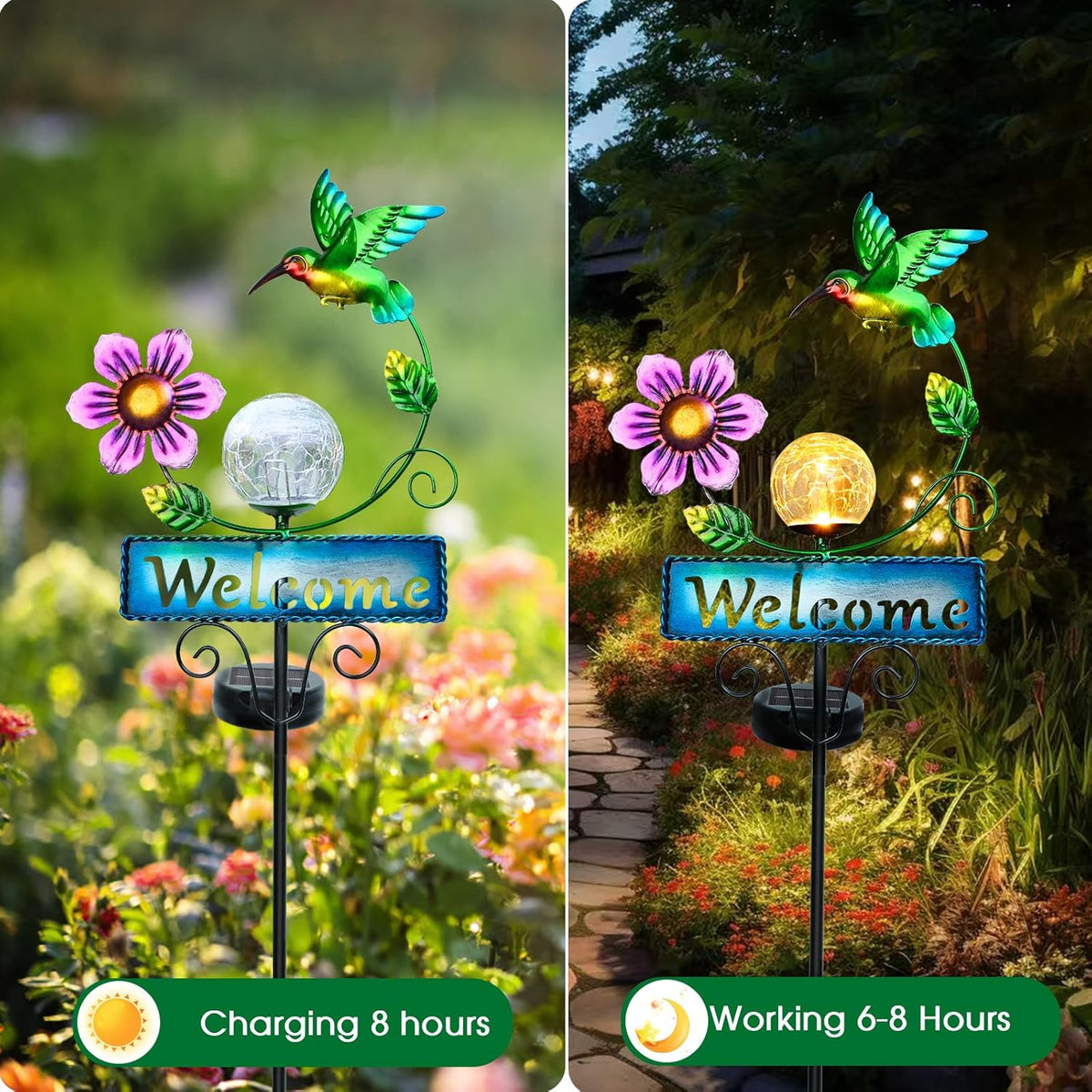 Outdoor Solar Garden Lights with Welcome Sign, Hummingbird Ornament Metal Stake Lights for Lawn