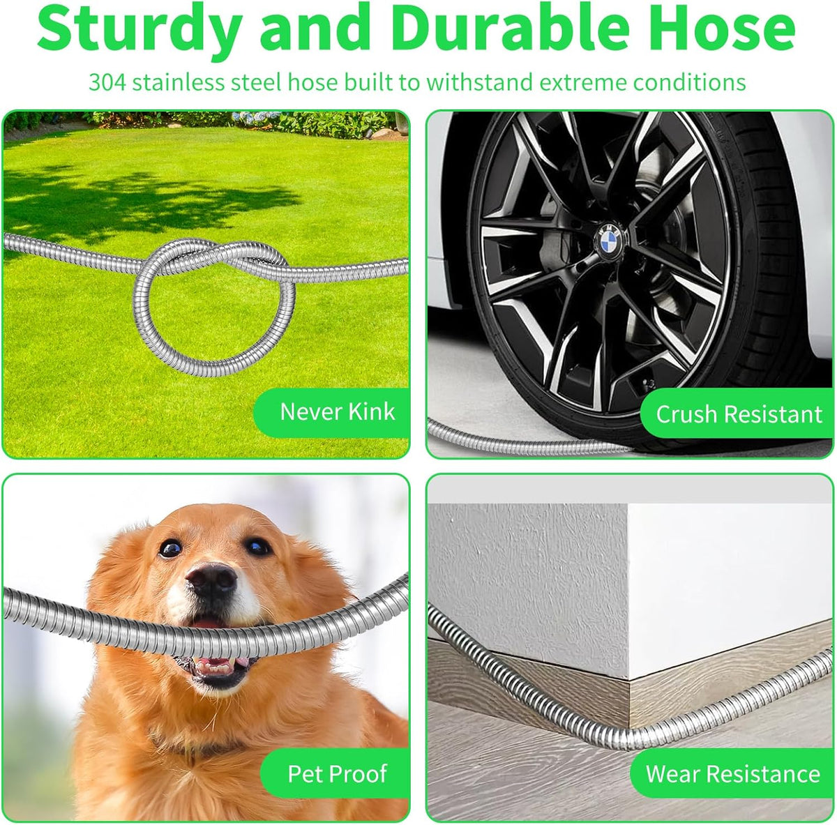 Stainless Steel Metal 25FT Garden Hose Lightweight, Puncture & Rust Proof Heavy Duty Water Hose for