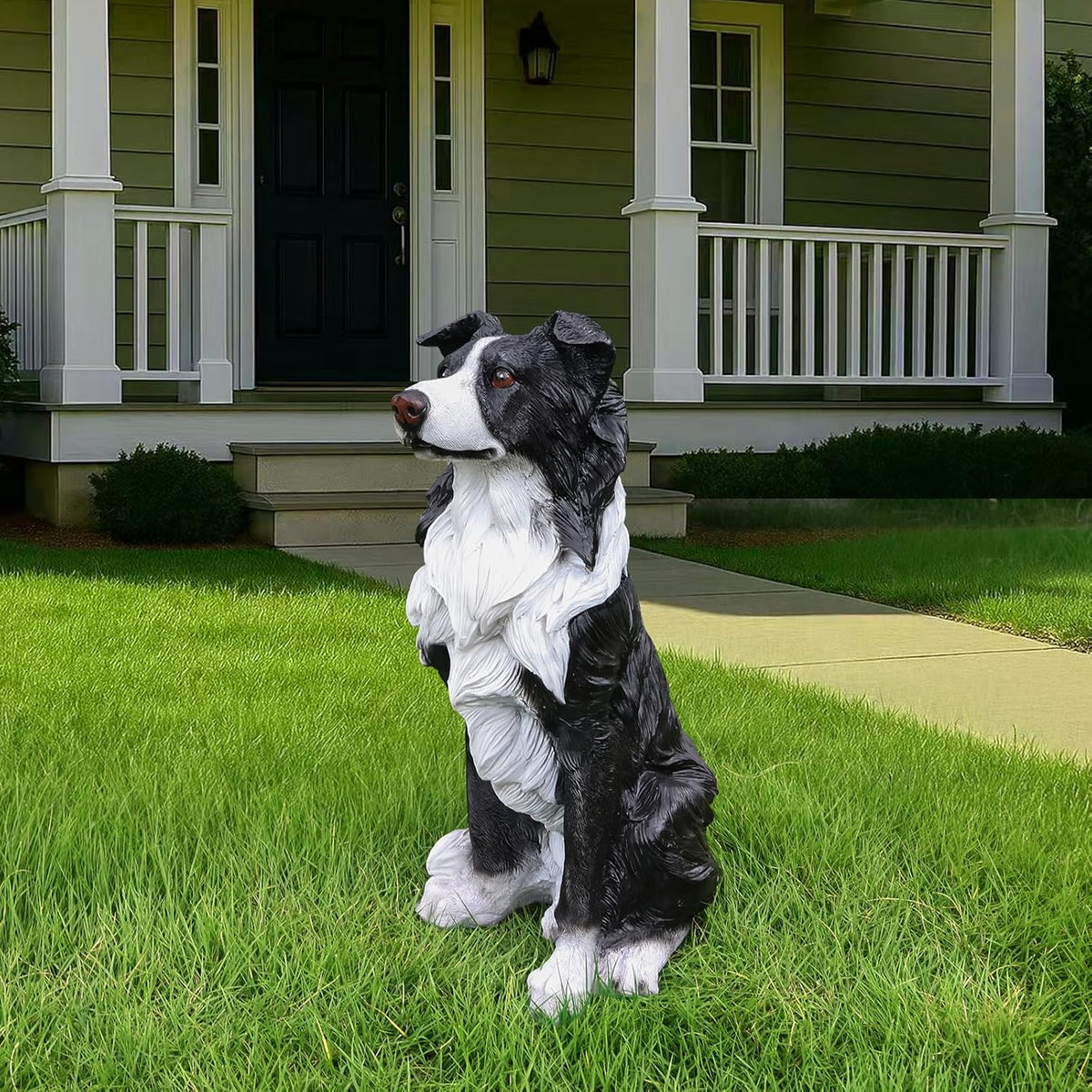 Border Collie Outdoor Dog Statue with Reversible “Welcome/ON Patrol” Plaque and Solar Path Lantern