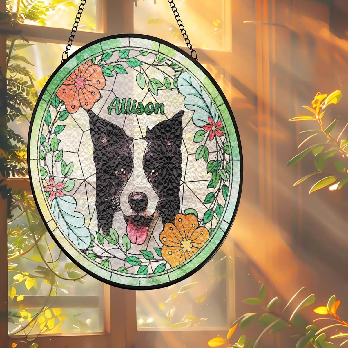 Custom Dog Stained Glass Suncatcher, Personalized Pet Window Hanging Keepsaker, Stained Glass