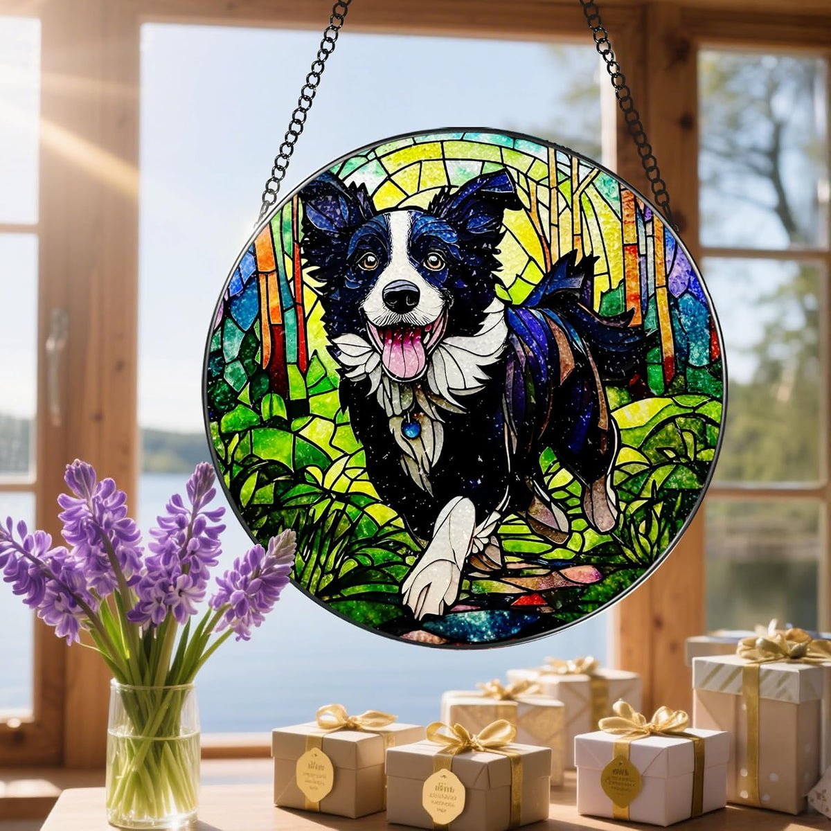 8″ Stained Glass Window Hanging Ornament, Border Collie Stained Glass Suncatcher Ornament