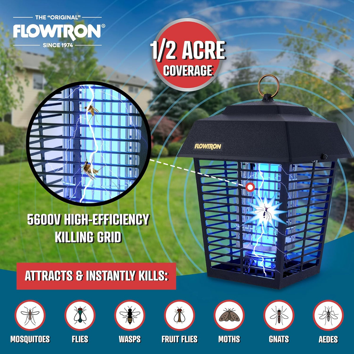 Flowtron Electric Bug Zapper 1/2 Acre Outdoor Insect Control with Dual Lure Method, 15W UV Light &