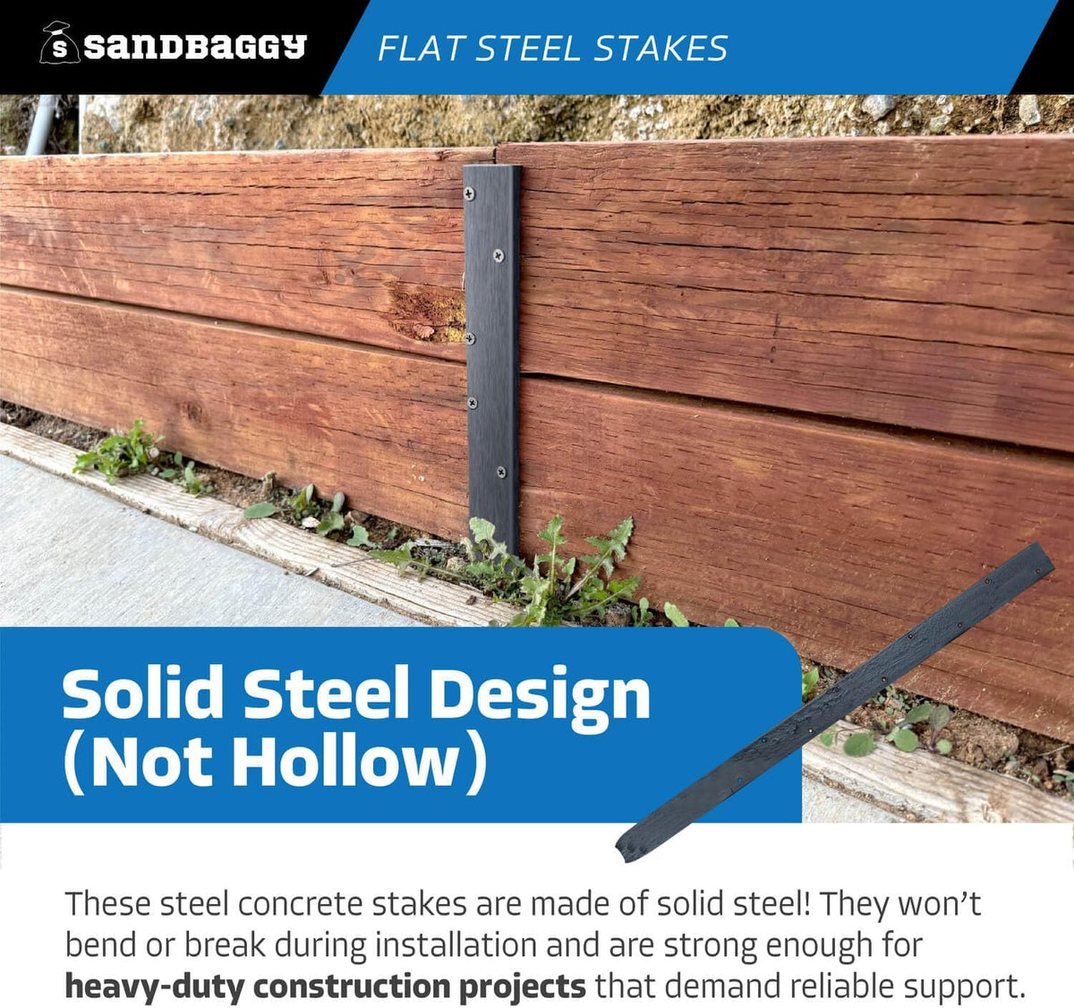 Sandbaggy Flat Steel Stakes for Concrete Forms with Nail Holes - 1.5" Wide - Painted - Removable
