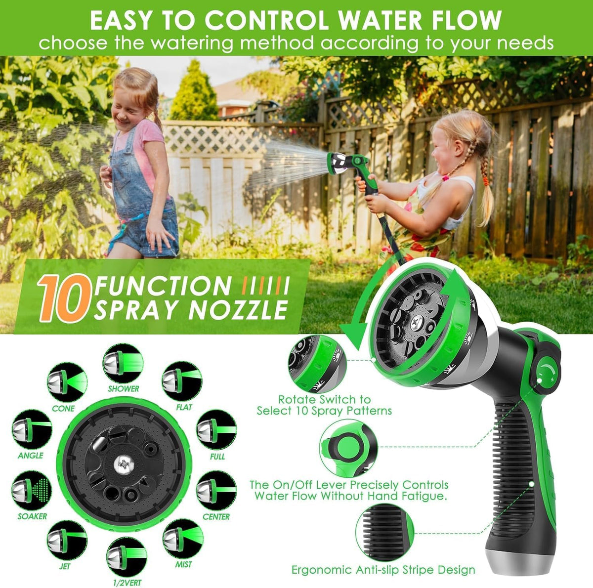 Non-Expandable Garden Hose 75 ft, Ultra Lightweight & Flexible Water Hose With 10-Pattern Spray