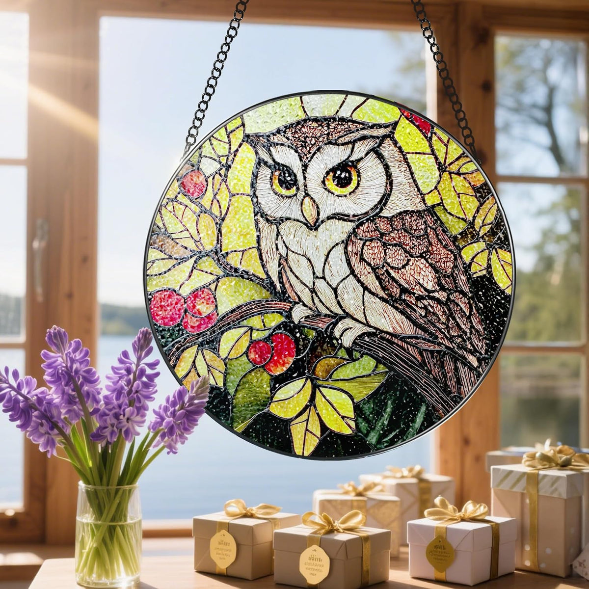 Stained Glass Window Hanging, 8 Inch Owl Suncatcher Stained Glass Ornament, Suncatchers for Windows
