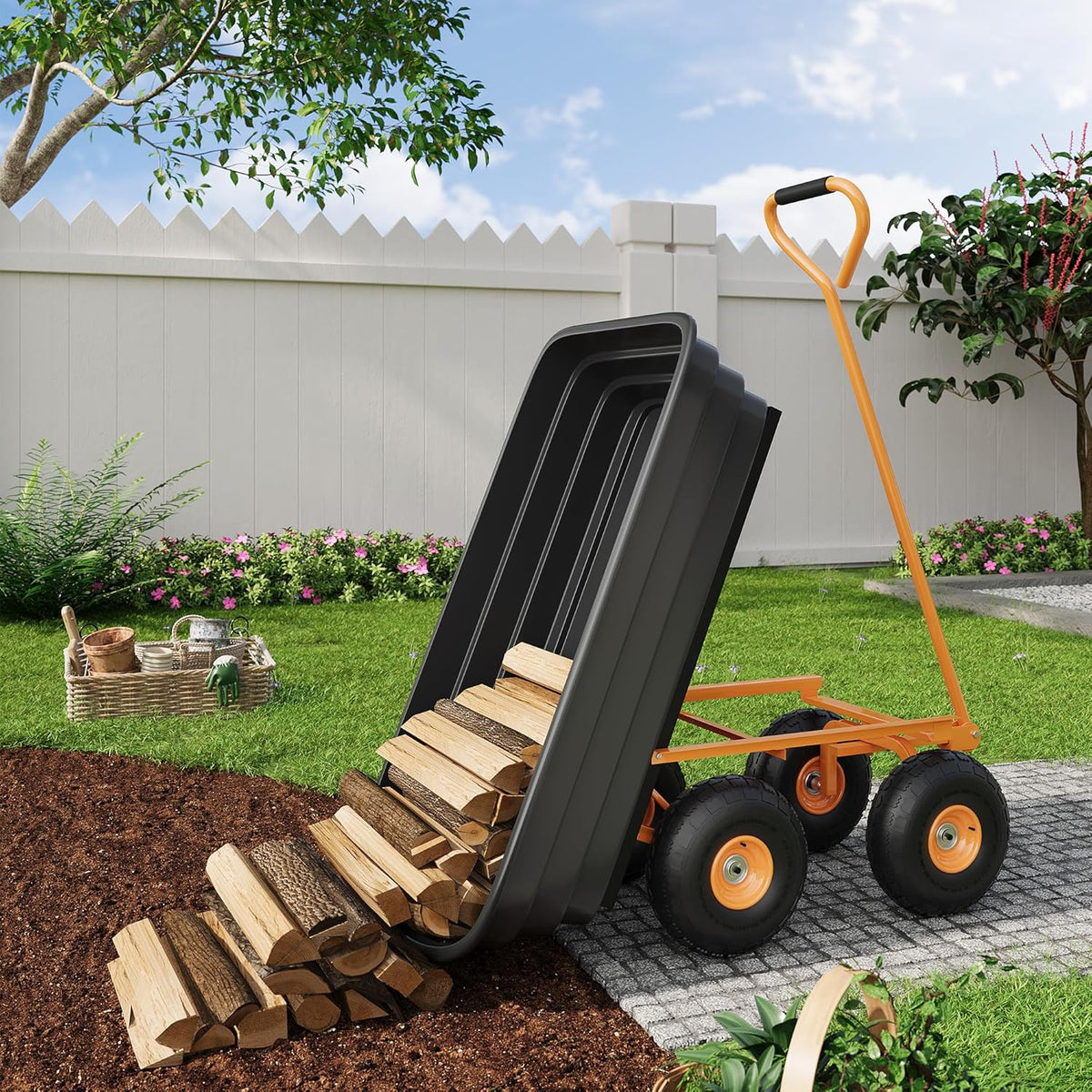 Garden Dump Cart, 4 Cu.Ft. 600Lbs Garden Cart, Heavy-Duty 4 Wheel Wheelbarrow Yard Cart with