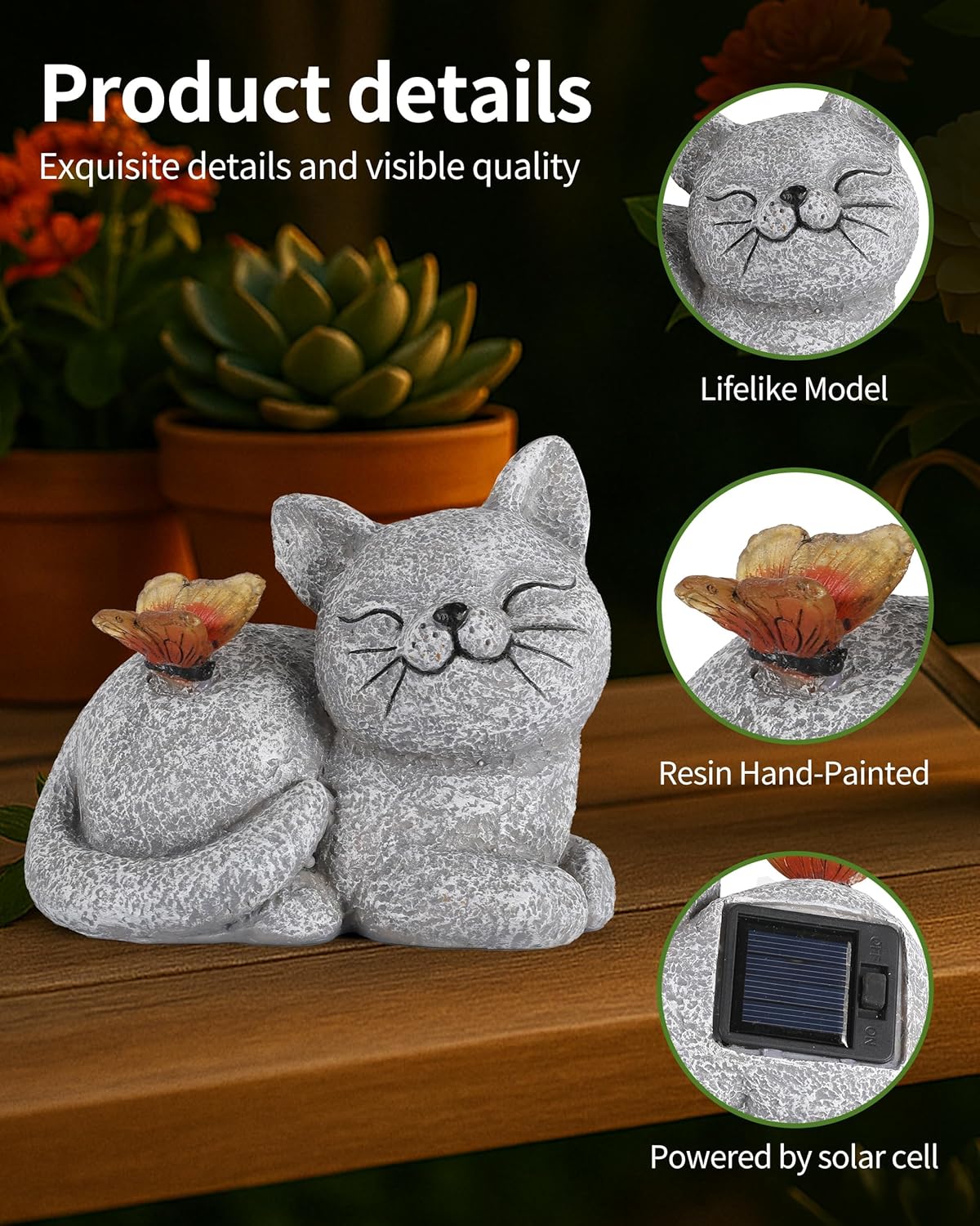 Solar Cat Garden Statue with Butterfly Light – 5-Inch Outdoor Resin Figurine for Yard, Patio