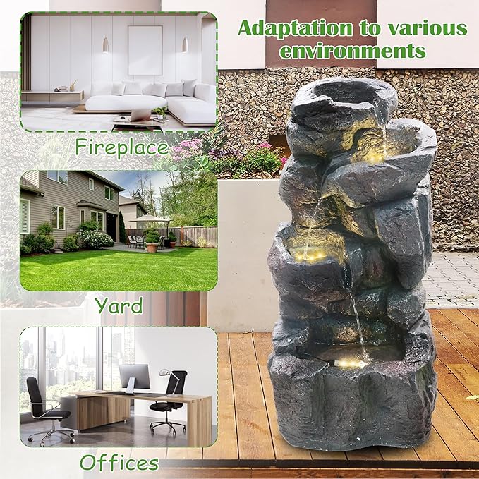 4-Tiers Cascading Rock Outdoor Water Fountain with LED Light, Standing Cascading Water Feature Faux