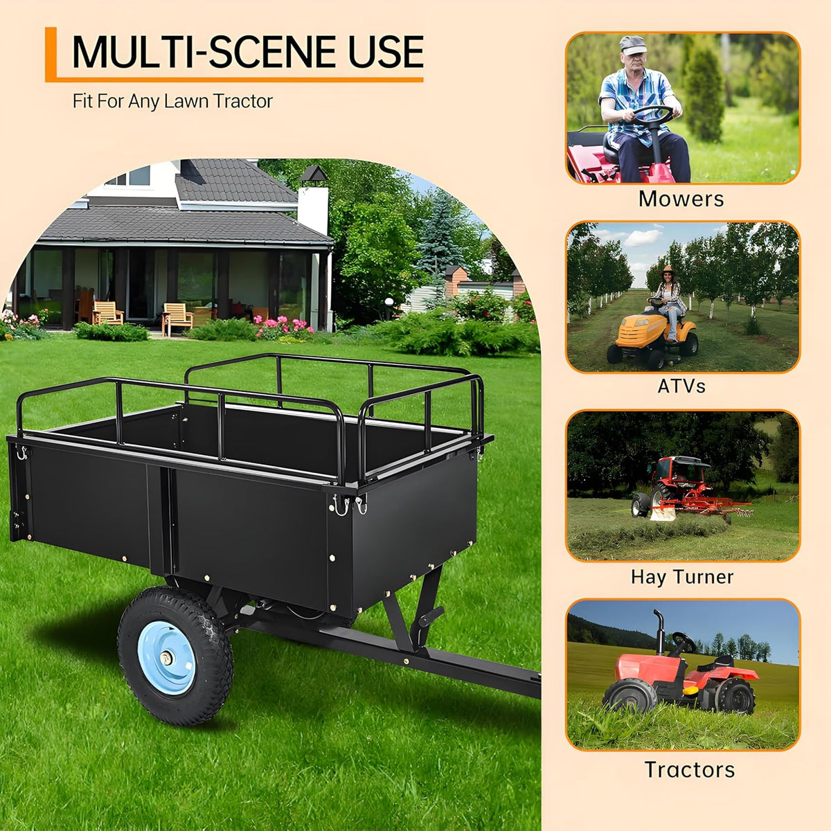 GarveeLife Utility Trailer, ATV Steel Garden Trailer, 750 Lbs 15 Cu.Ft. with Removable Sides