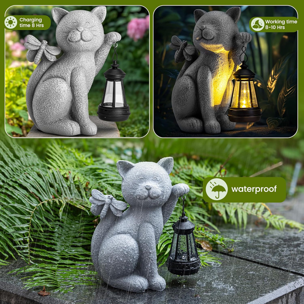 Solar Garden Outdoor Statues Cat with Solar Lantern,Outdoor Cat Figurines Decorations,Lawn Decor