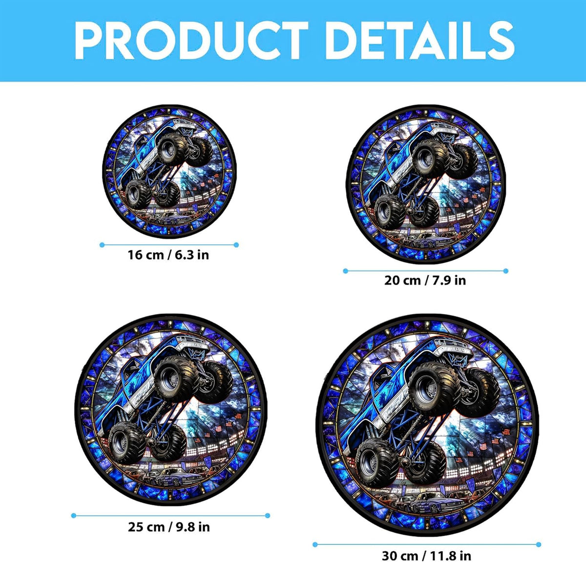 Monster Truck Stained Glass Window Hanging Window Suncatcher 12" Glass Panel with Metal Chain and