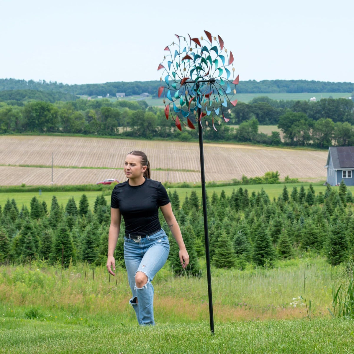 Sunnydaze Rainbow Breezes Metal Garden Wind Spinner - Removable Pole Sections for Adjustable Height
