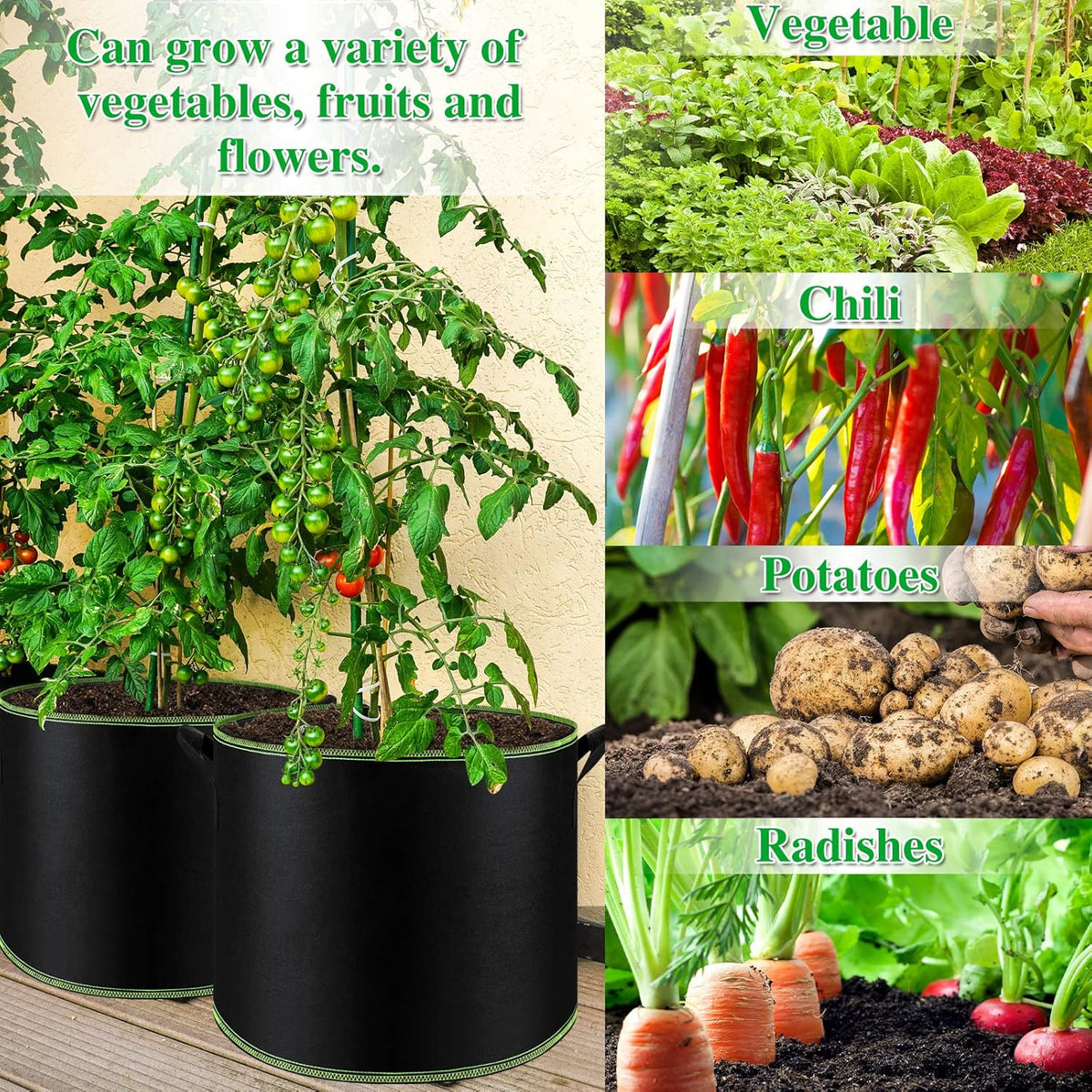 NACHLYNN 5-Pack 10 Gallon Grow Bags with Handles Thickened Nonwoven Fabric Pots Heavy Duty Aeration