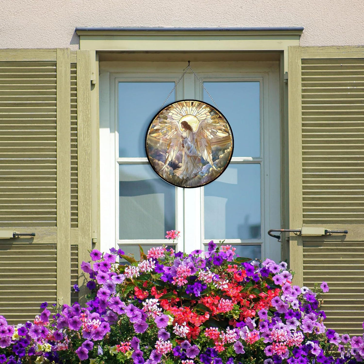 Angel Mushroom Suncatcher Stained Glass Window Hanging, 12'' Hand-Painted Floral Sun Catcher Window