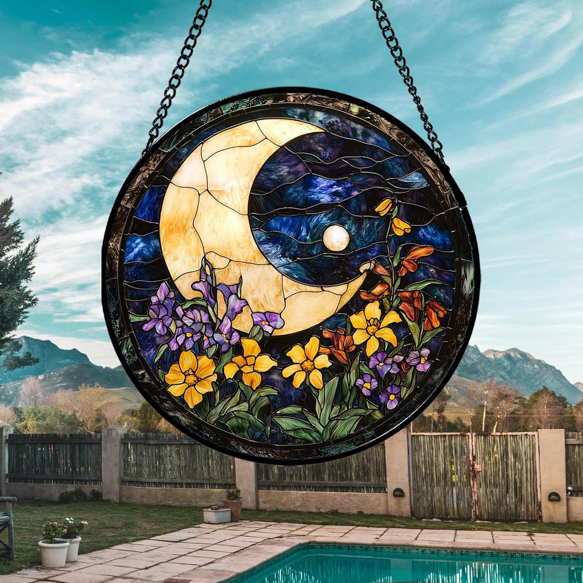 Stained Glass Window Hanging - Blue Night Sky Moon Suncatcher for Door Terrace Garden Home Decor
