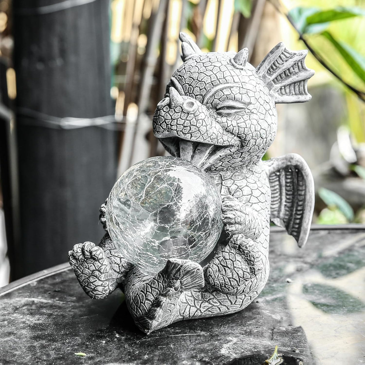 Garden Dragon Statue Solar Powered Outdoor Figurine Light Decor Cute and Hold Glowing Glass Ball
