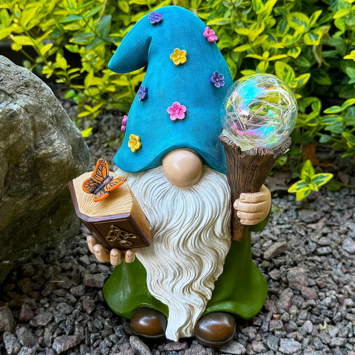 Garden Gnome - Solar Magician Gnome Figurine - 9.45 Inch Tall Decor Outdoor Lawn Statue with LED